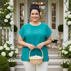 Joanna Plus Teal Garden Breeze Embroidered Leaves Accent Tunic – Size 18W